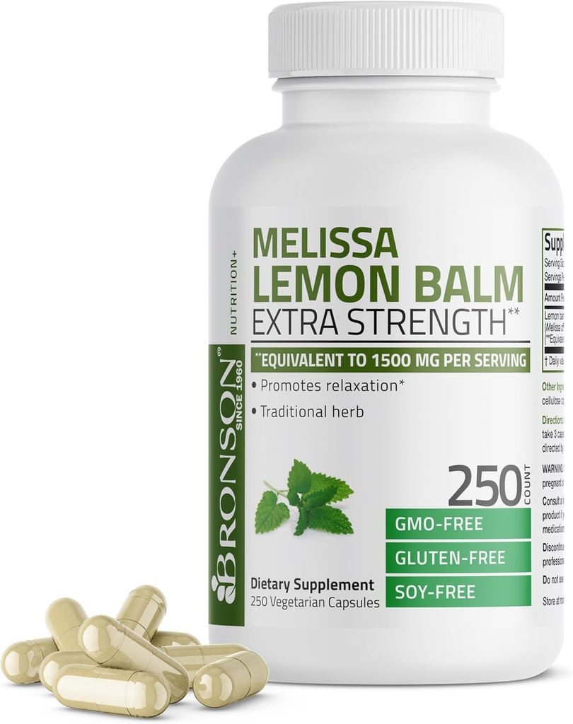 Bronson Melissa Lemon Balm Extra Strength, non-GMO, 250 vegetariske kapsler