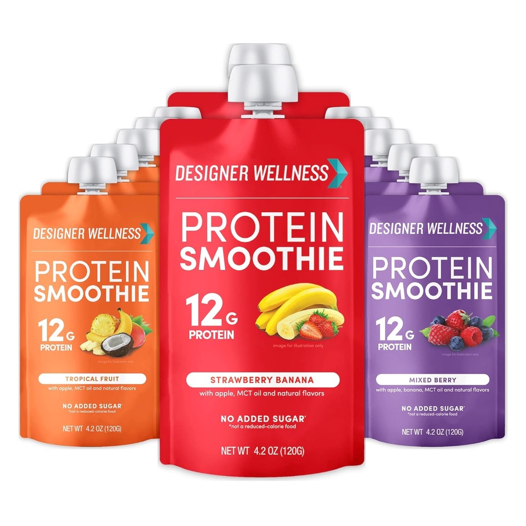 Designer Wellness Protein Smoothie, Real Fruit, 12g Protein, Low Carb, Zero Tilded Sugar, Gluten- Free, Non- GMO, Ingen kunstige farver eller flavors, Variety Pack, 12 Greve