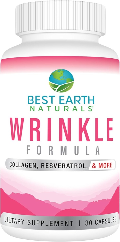 Bedste Earth Naturals Wrinkle Formel med Hyaluronsyre, Niacinamid, Multi Vitamin, Collagen for kvinder eller mænd - Skin Vitaminer Supplement -30 Day Supply (30 kapsler)