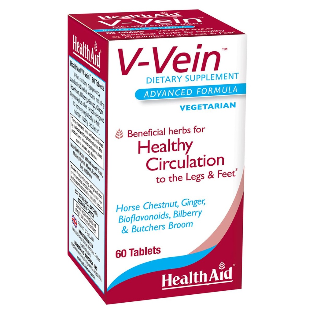 HealthAid V- Vein, Beneficial Nutrients for Sund cirkulation for ben og fødder, 60ct, Når dagligt, Indeholder Ginkgo, Grape Seed, C-vitamin og Bilberry, Vegan