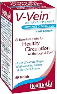 HealthAid V- Vein, Beneficial Nutrients for Sund cirkulation for ben og fødder, 60ct, Når dagligt, Indeholder Ginkgo, Grape Seed, C-vitamin og Bilberry, Vegan
