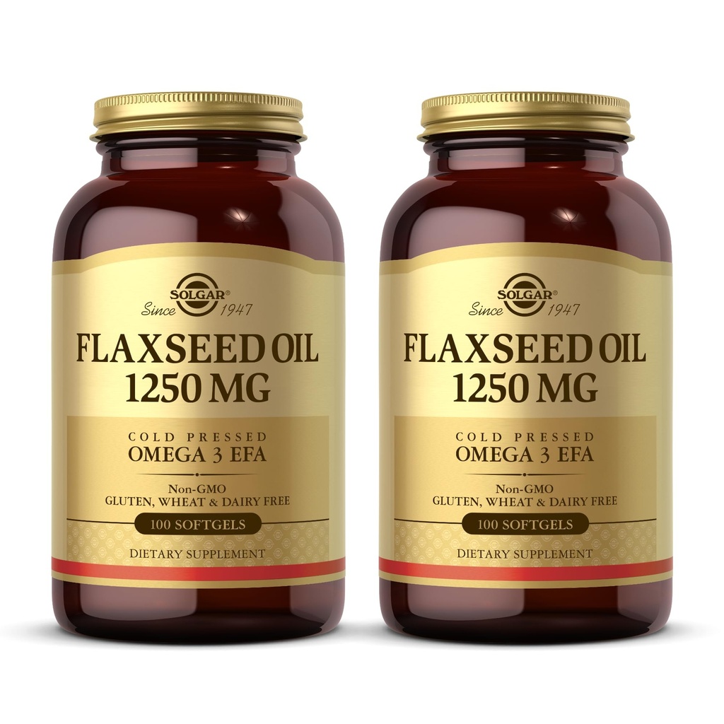 Solgar Flaxseed Oil 1250 mg - 100 Softgels, Pack of 2 - Concentrated Plant Source of Omega-3 Alpha- Linolsyre (ALA) - Non- GMO, Gluten Free - 100 Total Servering