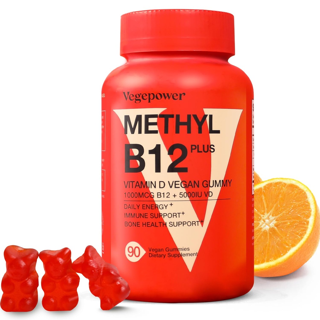 Vitamin B12 D3 Vegansk Gummies - 90 Tæl I 1000 MCG methyl B12 & 5000 IE Vitamin D tyggetabletter til voksne & børn - immunforsvar & daglig energi boost - non-GMO, orange