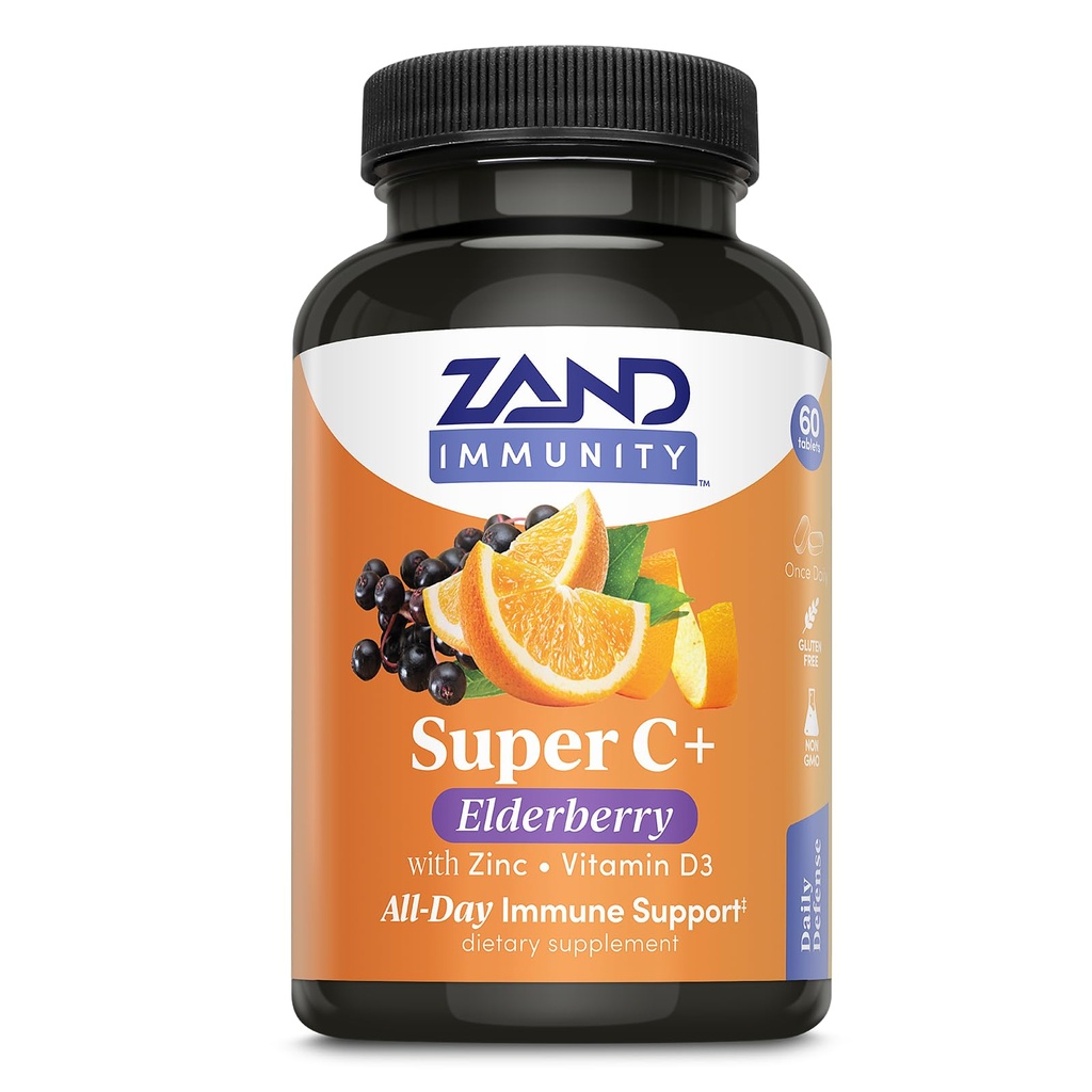 Zand Immunity Super C + med Elderberry, All Day immunsupport, 1000mg PureWay-C vitamin C Plus Zink & vitamin D-3, forbedret absorption, 60 tabletter, 30 servering