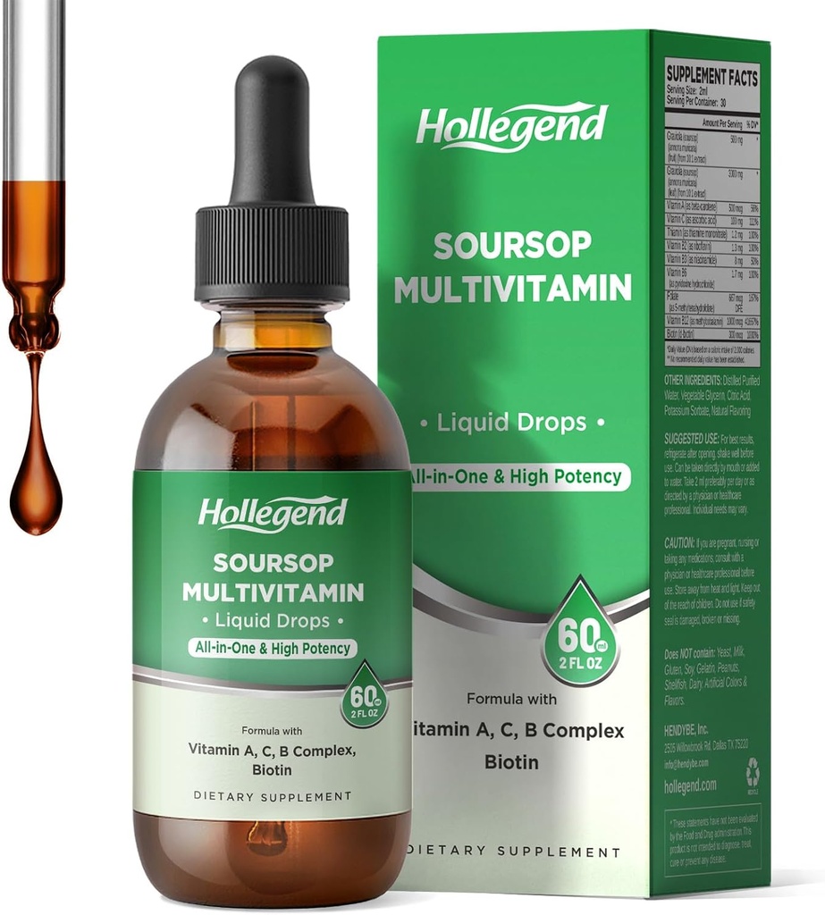 Soursop Multivitamin Liquid Drops, Metyleret Multivitamin med Graviola Soursop Bitters Liquid til immunforsvar, hår, hud, hjerne sundhed, 2 Fl Oz