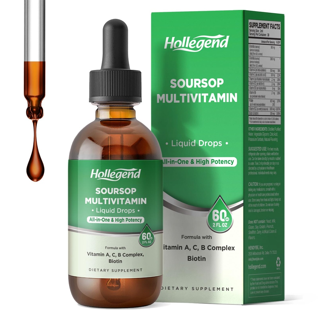 Soursop Multivitamin Liquid Drops, Metyleret Multivitamin med Graviola Soursop Bitters Liquid til immunforsvar, hår, hud, hjerne sundhed, 2 Fl Oz
