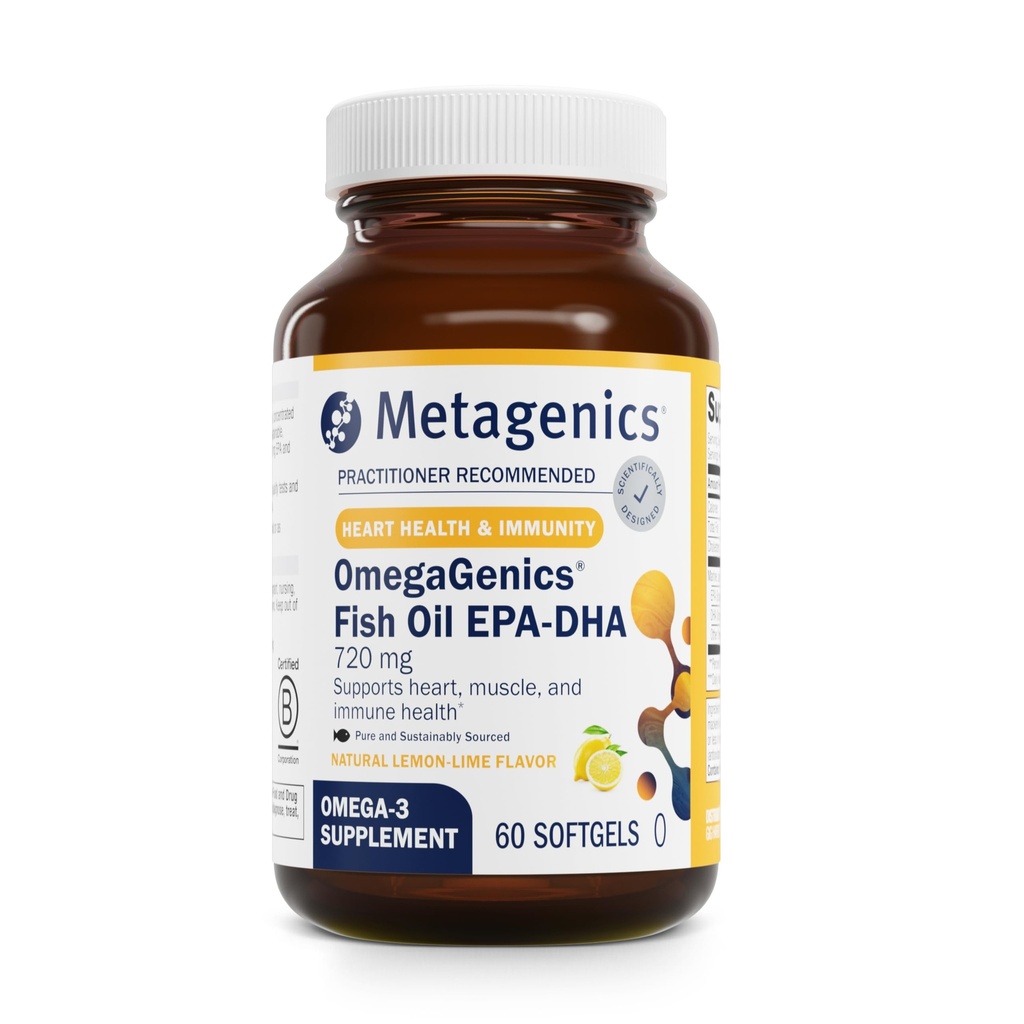 Metagenics OmegaGenics Fish Oil EPA- DHA 720 mg - Omega-3 Fish Oil Supplement - High Potency - for Heart Health, Muskuloskeletale Sundhed & Immunsystem Health * - med DHA & EPA - 60 Softgels