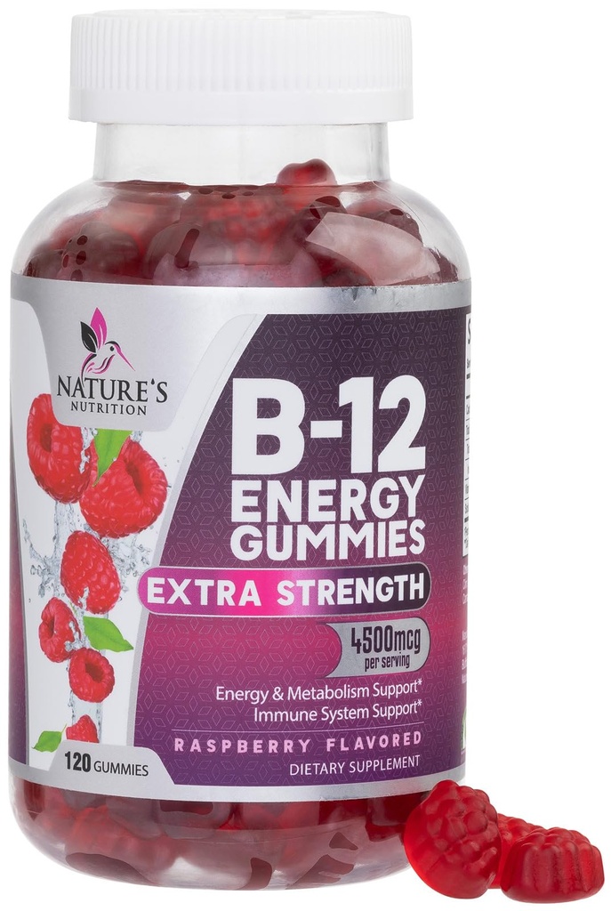B- 12 Vitamin Energy Gummies 4500mcg - Ekstra styrke B12 Gummy Chewables for Energy Metabolisme & immunforsvar - Kosttilskud til kvinder, mænd, & børn - Non- GMO, Vegan, Berry Flavor - 120 Greve