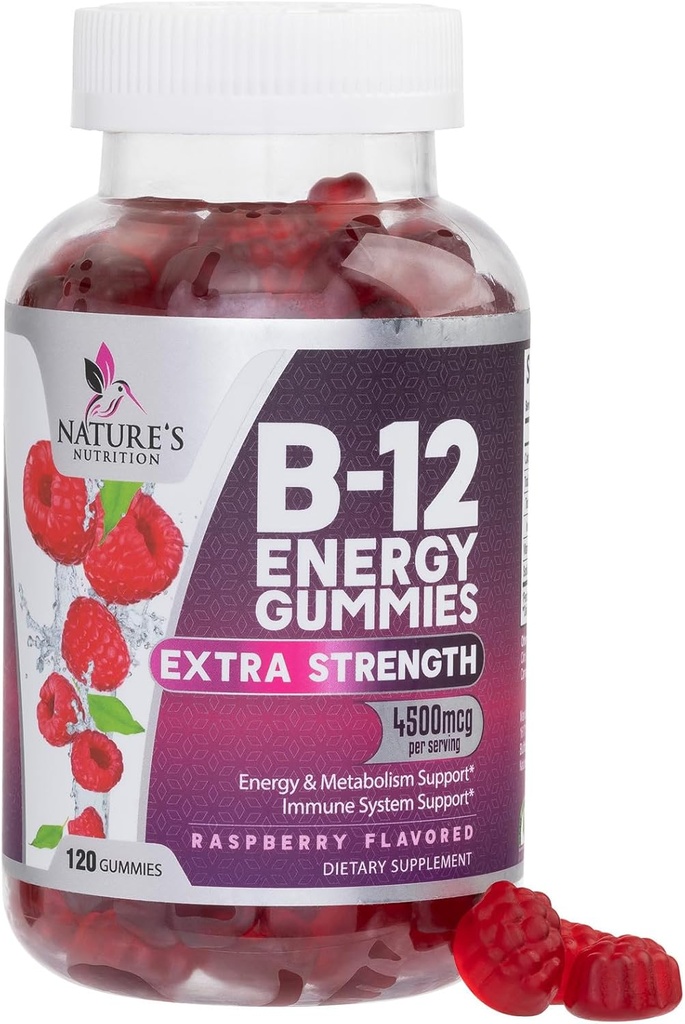 B- 12 Vitamin Energy Gummies 4500mcg - Ekstra styrke B12 Gummy Chewables for Energy Metabolisme & immunforsvar - Kosttilskud til kvinder, mænd, & børn - Non- GMO, Vegan, Berry Flavor - 120 Greve