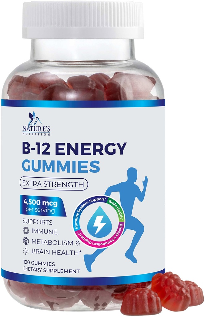 B- 12 Vitamin Energy Gummies 4500mcg - Ekstra styrke B12 Gummy Chewables for Energy Metabolisme & immunforsvar - Kosttilskud til kvinder, mænd, & børn - Non- GMO, Vegan, Berry Flavor - 120 Greve