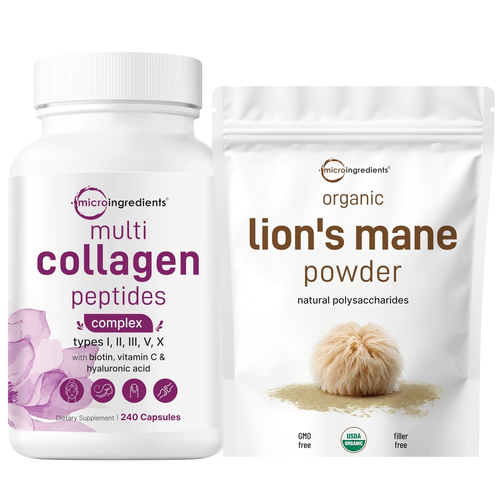Micro Ingredienser Multi Collagen Complex & Lions Mane Mushroom Supplement Powder Bundle 2 Pack 124; Grass- Fed Collagen Peptider Medic124; Natural Superfood for Brain, Energy, & immunforsvar