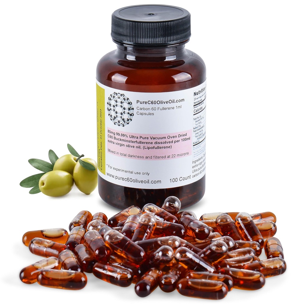 PureC60Olivenolie C60 Organic Olive Oil Capsules Pills 100ml / 3.4 Fl Oz - 99,99% Carbon 60 Solvent Free 80mg - Food Grade - Carbon 60 Olivenolie - Fra den førende globale producent