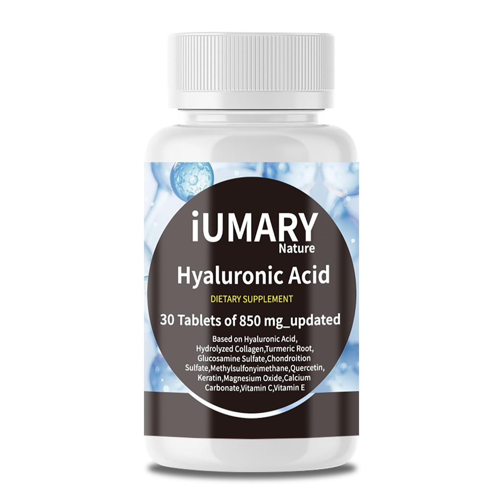 Hyaluronsyre Kosttilskud, 850mg High Bioavailable Dietary Hyaluronsyre - Avanceret fælles støtte med hydrolyseret kollagen, gurkemeje, Glu- cosamine, MSM, C-vitamin - 30 tabletter Pack med 1