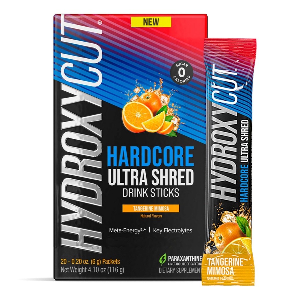Hydroxycut Hardcore Ultra Shred Drink Sticks, Tangerine Mimosa - 20 Pakker - Zero Sugar eller kalorier - Inkluderer Paraxanthin & B Vitamin - for kvinder og mænd