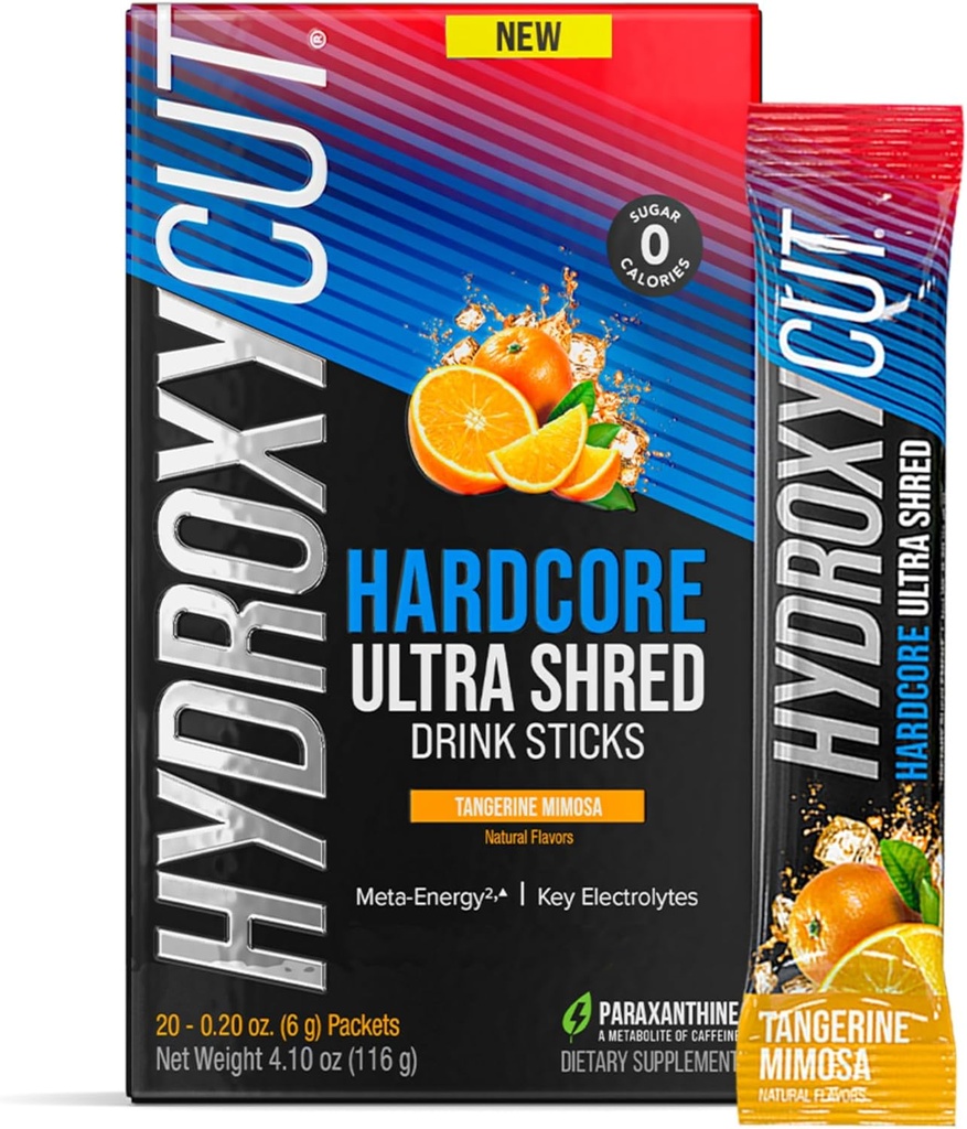 Hydroxycut Hardcore Ultra Shred Drink Sticks, Tangerine Mimosa - 20 Pakker - Zero Sugar eller kalorier - Inkluderer Paraxanthin & B Vitamin - for kvinder og mænd