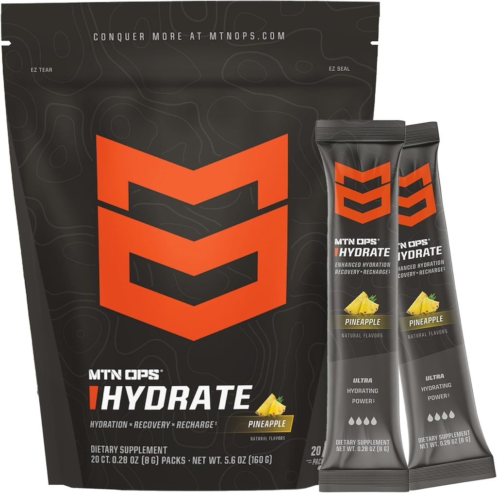 MTN OPS Hydrate Electrolytes Powder Drink Mix, 20 Single Serving On- The- Go Electrolyte Packs med over 1000 mg Electrolytes per Serving, Ananas