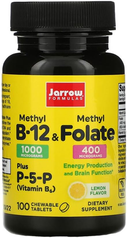 Jarrow Formulas Methyl B- 12 & Methyl Folate - 100 tyggetabletter, Lemon - pakke af 2 - Bioactive Vitamin B12 & B9 - understøtter energiproduktion, hjerne funktion & Metabolisme - 200 Total Servering