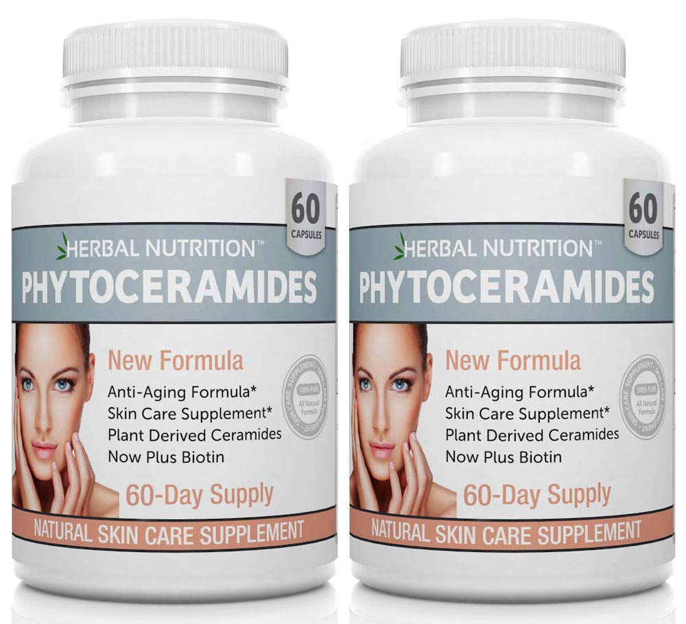 Phytoceramider Ris baseret med Biotin Anti Aging Supplement, Wrinkle Remover og Ansigtsfugtgivende med Phytoceramider Vitamin A, C, D og E, To Flaske Pack, 120 Kapsler 40mg, Gluten Free