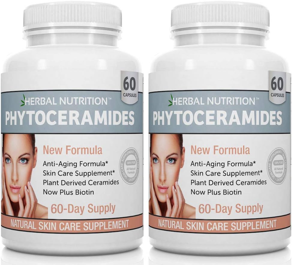 Phytoceramider Ris baseret med Biotin Anti Aging Supplement, Wrinkle Remover og Ansigtsfugtgivende med Phytoceramider Vitamin A, C, D og E, To Flaske Pack, 120 Kapsler 40mg, Gluten Free