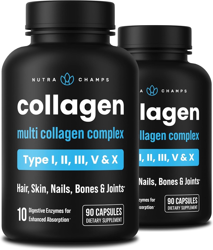 NutraChamps Multi Collagen Pills, Type I, II, III, V, X, Double Hydrolyzed Collagen Peptider Powder Capsules, Protein Supplement for Women & Men, 180 Capsules (pakke med 2)