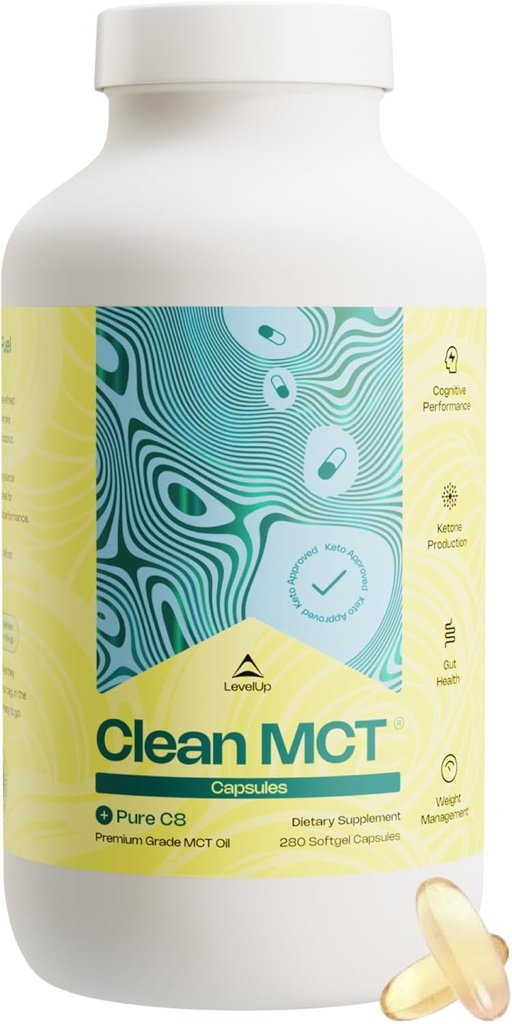 LevelUp Clean MCT Oil Capsules - 100% Capsule C8 for Energy, Focus, Weight Management, Gut Health, Brain Superfuel - Keto Supplement for Ketogen kost og Ketoner - Non-GMO (280 Tæl)