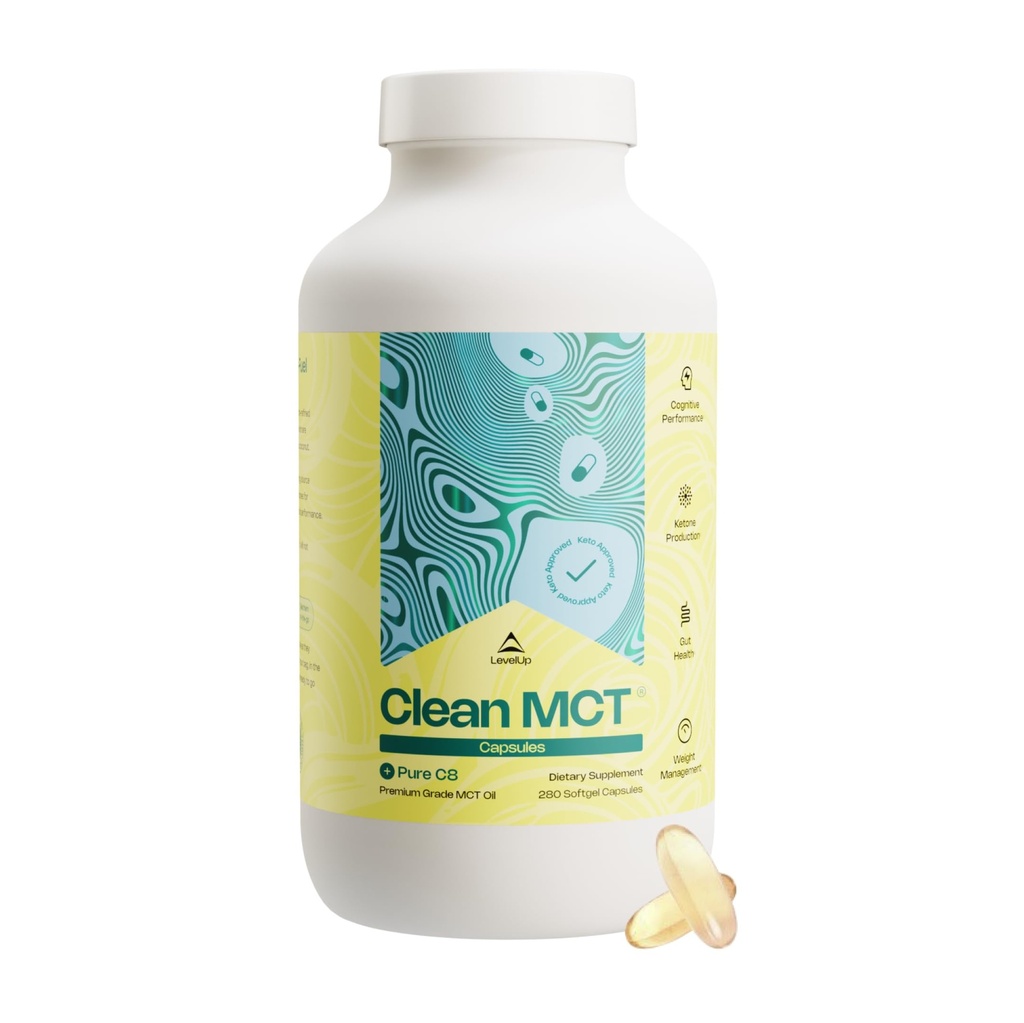 LevelUp Clean MCT Oil Capsules - 100% Capsule C8 for Energy, Focus, Weight Management, Gut Health, Brain Superfuel - Keto Supplement for Ketogen kost og Ketoner - Non-GMO (280 Tæl)