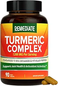 Gurkemeje, 1200 mg Gurkemeje Root Extract & Powder, Standardiseret til 95% Curcuminoids, High Potency Joint Health Support, Enhanced Absorption with Black Pepper, 90 Vegan Caps