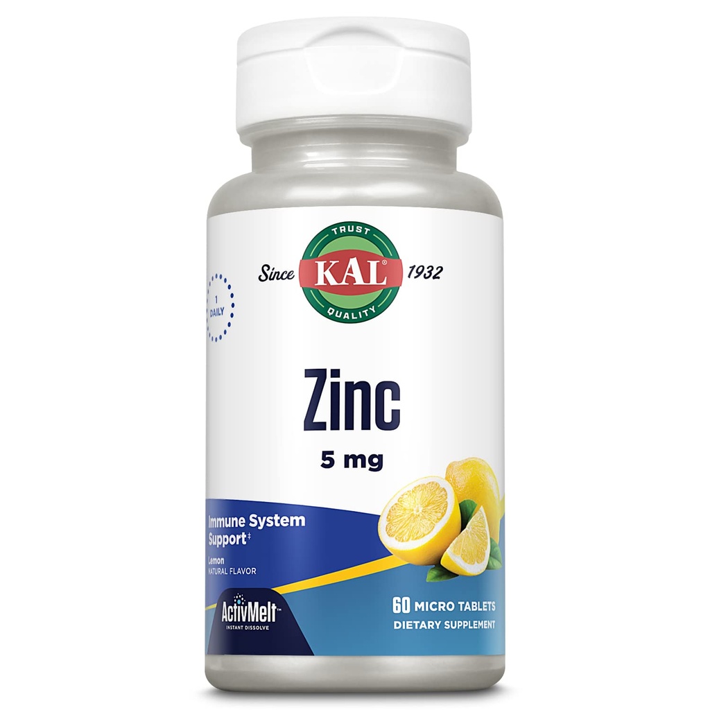 KAL Zink 5mg tabletter - Zink kosttilskud til kvinder og mænd, immunforsvar, Fast- opløsning til optimal absorption, naturlige Lemon flavor, Vegetar - 60 Micro tabletter