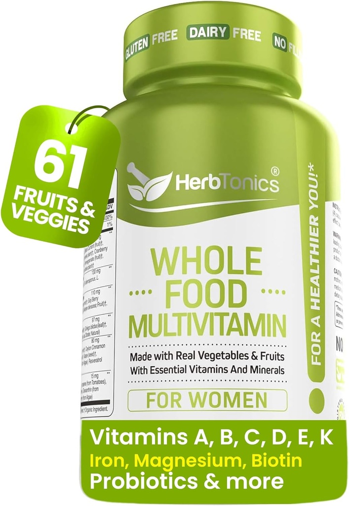 Herbtonics hel mad Multivitamin til kvinder (124; Lavet med superfood, Real Raw Veggies, Frugt, E-vitamin, A, B-kompleks) 124; Kvinder Multivitamin (124; Non- GMO 120 Vegan kapsler