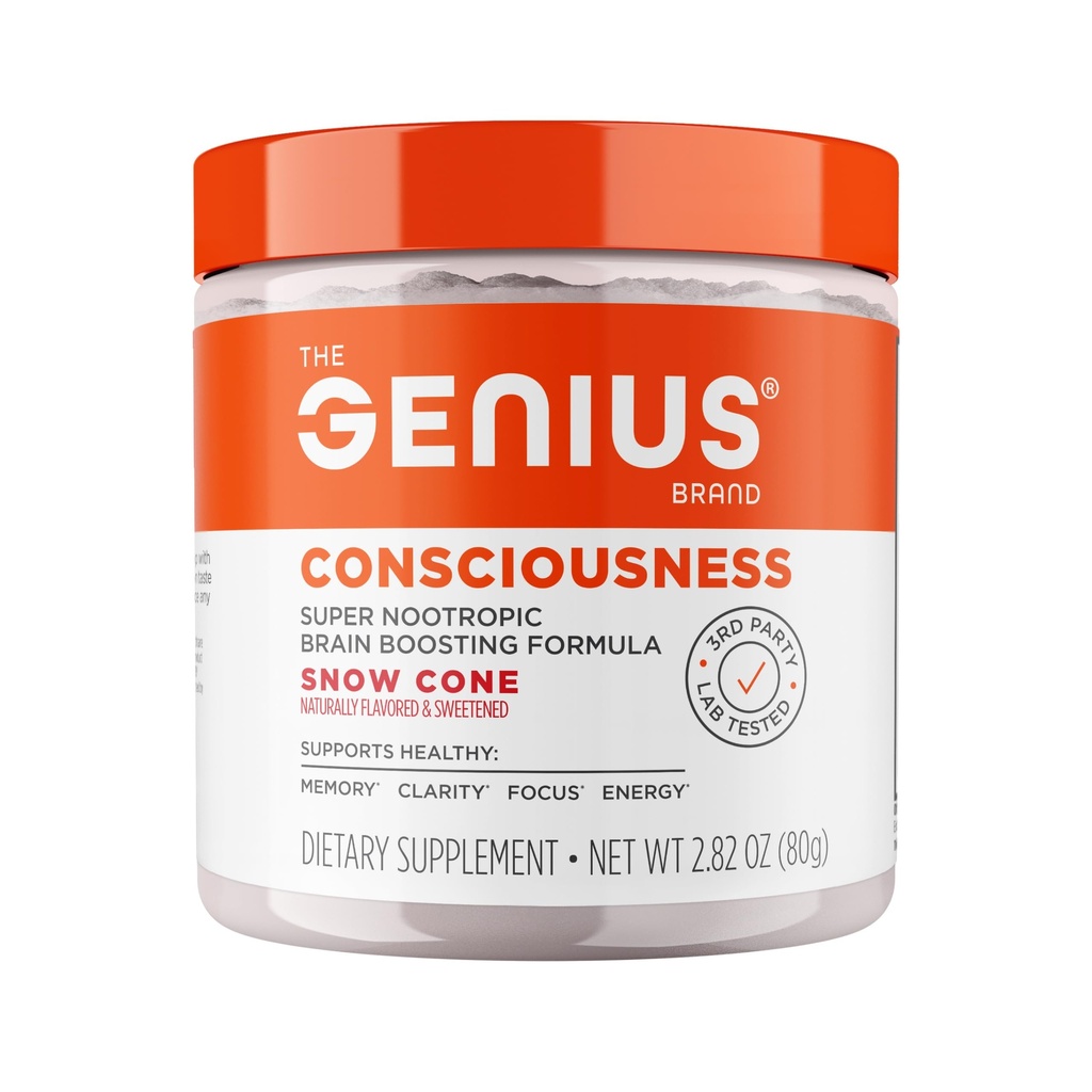 The Genius Brand Genius Bevidsthed - All- in- One Brain Health Supplement for Clarity - Understøtter koncentration, kreativ tænkning, energi & hukommelse - drevet af Nootropics - 15 Serveringer - Sne Cone