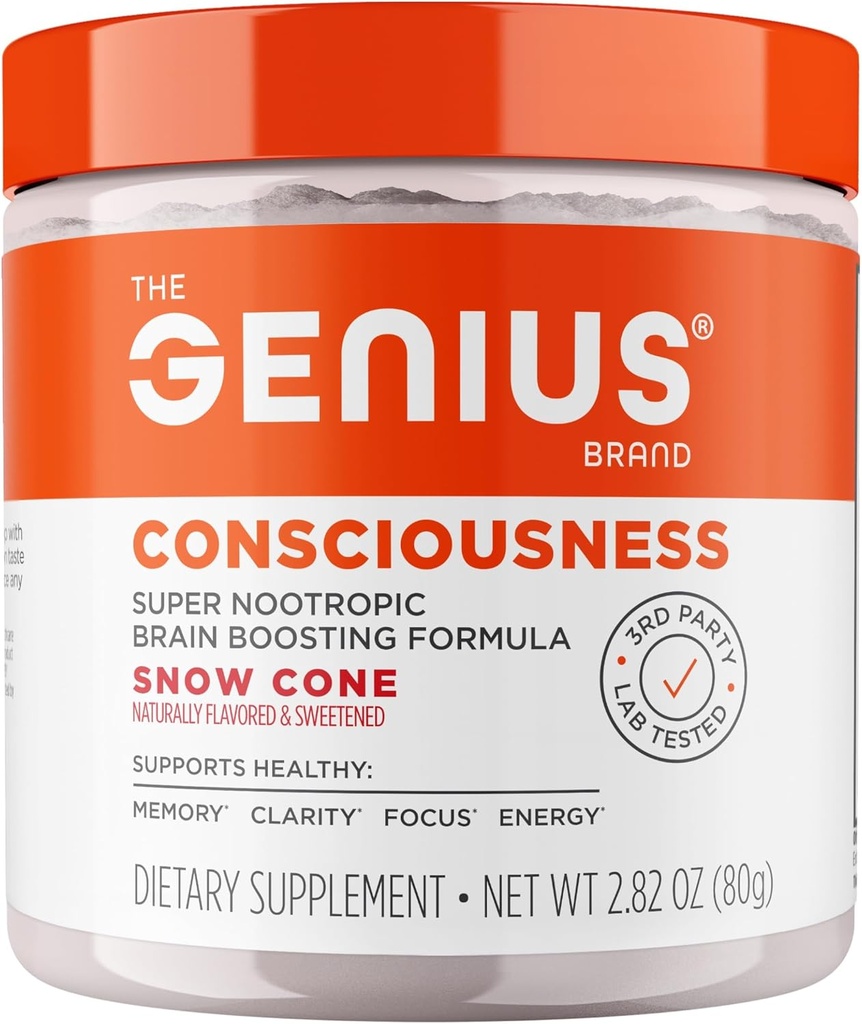 The Genius Brand Genius Consciousness - All-in-One Brain Health Supplement for Clarity - Supports Concentration, Creative Thinking, Energy & Memory - Powered by Nootropics - 15 Servings - Snow Cone