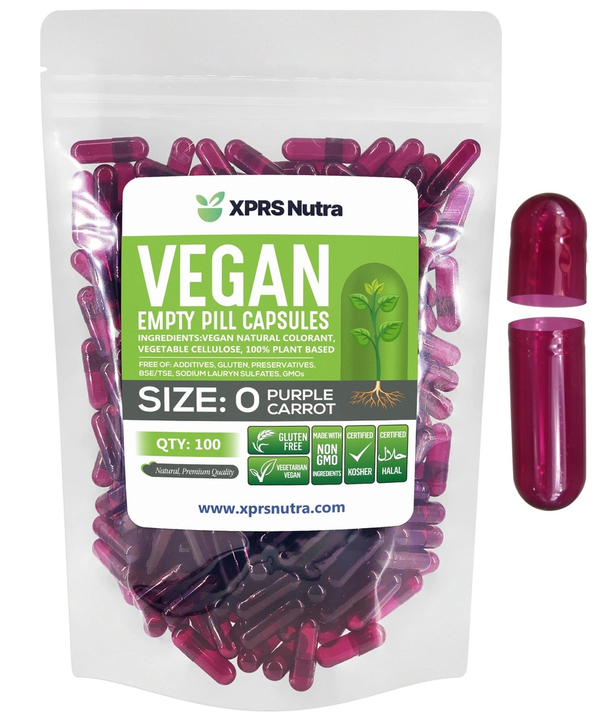 XPRS Nutra Størrelse 0 Tomme kapsler - 100 Tomme Veganske kapsler - Vegetariske piller - DIY vegetabilsk Capsule Fyldning - Veggie Pill Caps til Do- It- Yourself Kosttilskud (lilla gulerod)