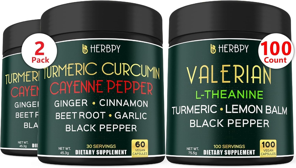 Bundle 7in1 Gurkemeje & 5in1 Valerian Root Supplement - Support fordøjelse, hjerte sundhed, immunforsvar og afspænding