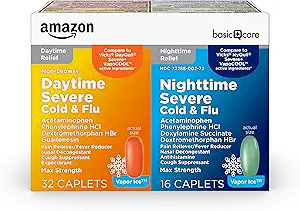 Grundlæggende pleje Vapor Ice Day og nat Svær kold og influenza Relief Caplets, Maksimal styrke medicin, Combo Pack, 48 Greve