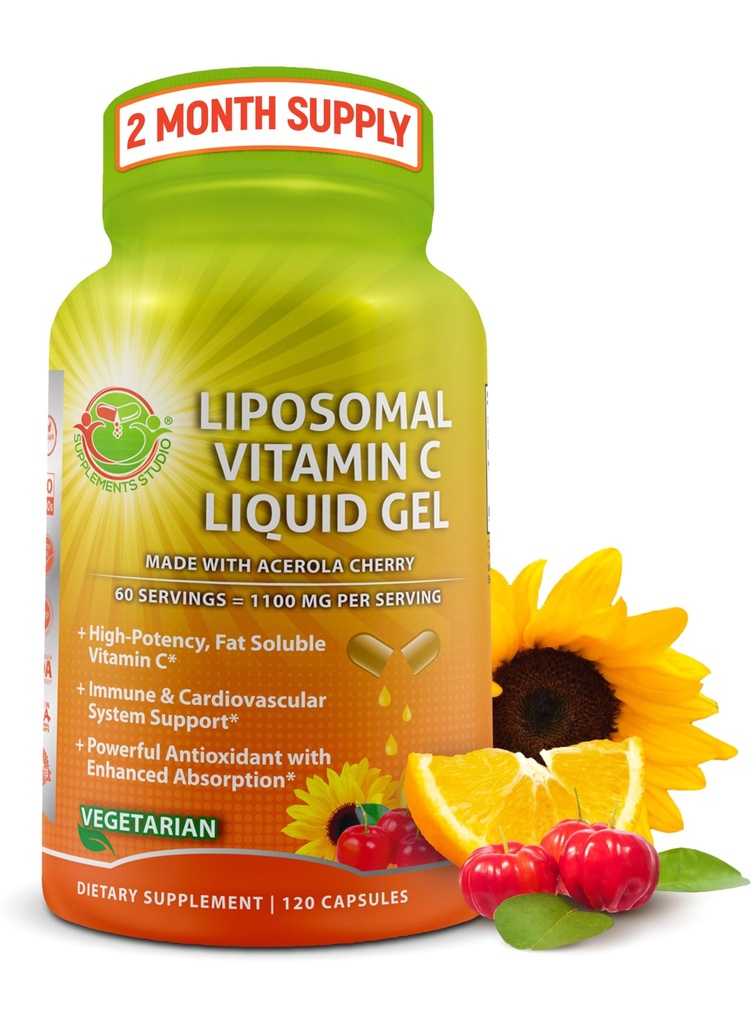 Liposomal Vitamin C flydende Gel kapsler - 1100mg - Lavet med Økologisk Acerola Kirsebær, High Potency Vitamin C Liposomal immunsupport supplement med forbedret absorption & biotilgængelighed - 120 tæller