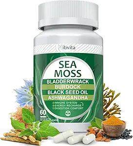 Sea Moss Black Seed Oil Capsules - Kosttilskud med Seamoss, Ashwagandha, Burdock Root, Ginger & Multimineral til immunforsvar & fordøjelsesstøtte, Forbedre energi til mænd og kvinder - 60 kapsler