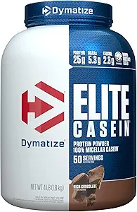 Dymatisere Elite Casein Protein Powder, Slow Absorbing med Muscle Building Aminosyrer, 100% Micellar Casein, 25g Protein, 5,4g BCAAs & 2,3g Leucin, Hjælper Overnight Recovery, Glat Vanilla, 2 Pund