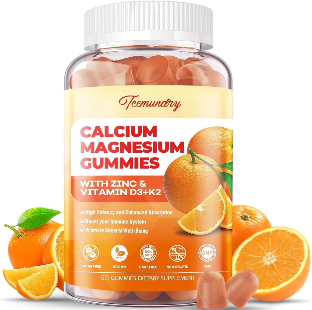 Calcium Magnesium Zinkgummier med vitamin D3 & K2 - Høj Absorption Magnesium Glycinat 400mg - Sukker Free Calciumsupplement - Support Nerve Muskel Mood & Immunitet - for voksne Mænd Kvinder Kids