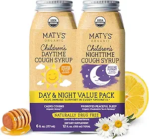 Matys Organic Kids Cough Syrup Day & Night Combo for Children 1 Year +, Soothing Cough Relief w/Zinc, Melatonin & Dye Free, 2 Bottles, 6 fl oz Each