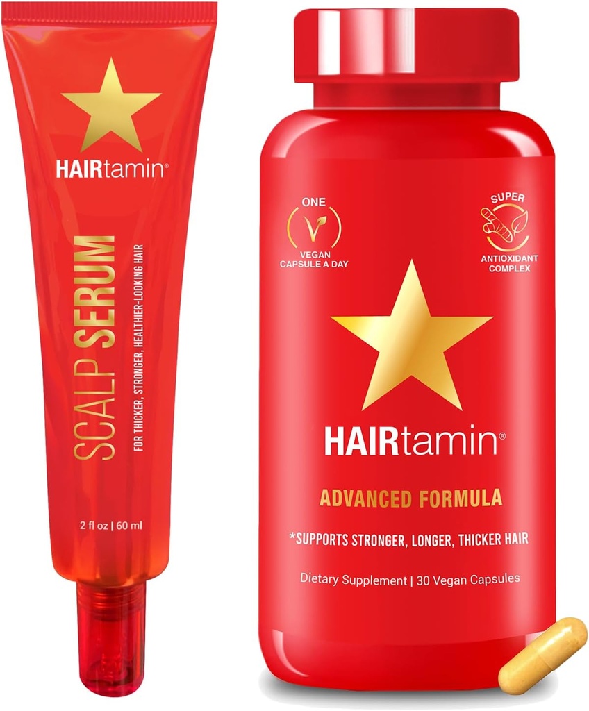 HAIRtamin Advanced Hår & Scalp Serum Pack- 124; All- Natural Vegan Biotin Capsules & Serum Sample for Hår, Hud & Neglevækst