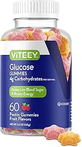 Viteey Glucose Gummies - 4g kulhydrater - Hurtig fungerende Alternativ til Glucose Tablets - Energi og Blood Sugar Support - Vegan, Gluten Free, Gelatine Free - 60 Greve