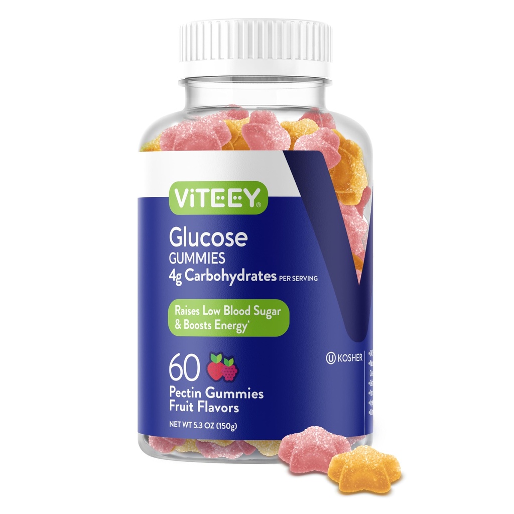 Viteey Glucose Gummies - 4g of Carbohydrates - Fast Acting Alternative to Glucose Tablets - Energy and Blood Sugar Support - Vegan, Gluten Free, Gelatin Free - 60 Count