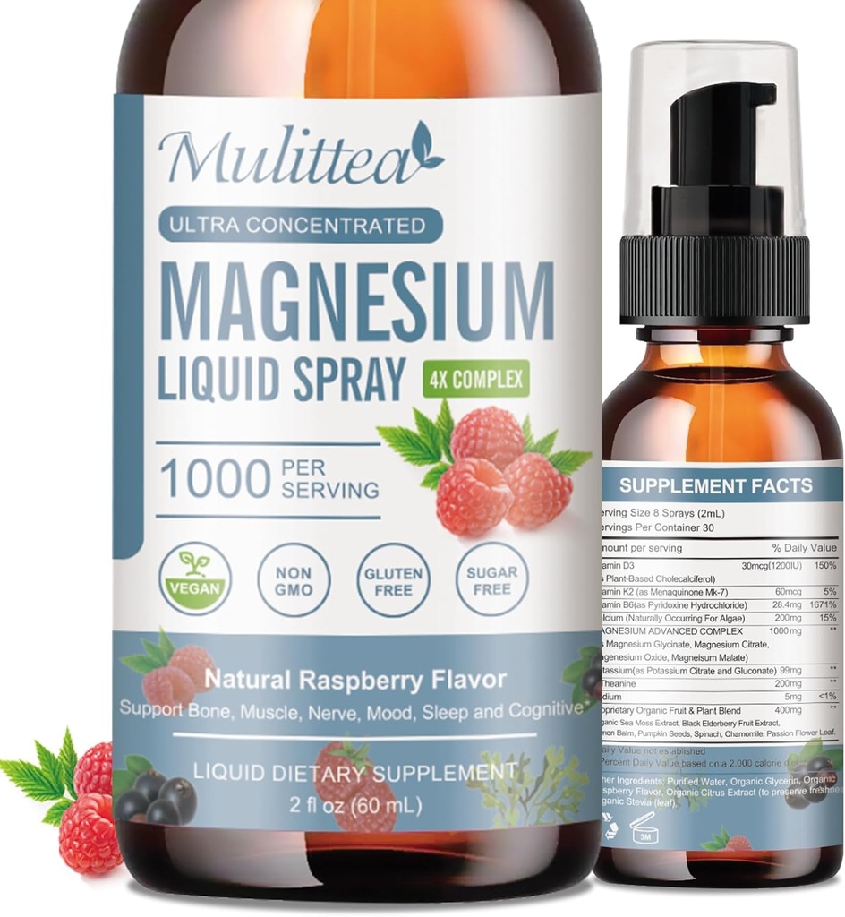 Magnesium Glycinat Flydende med citrat, Taurat, Malate- Magnesium Complex Drops Spray w / Kalium L- Theanine- High Absorption - Vegan, Sugar Free, 2 Fl.oz