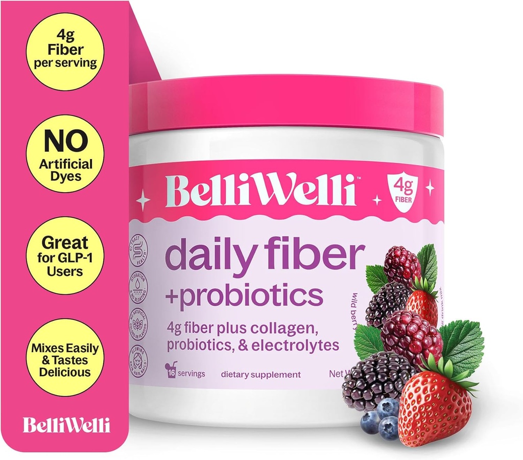 Belli Welli Fiber supplement til kvinder & mænd - Premium Daily Fiber Powder fra Organic Acacia med Tilføjet Collagen, Electrolytes & Probiotika - Ingen Bloat, Forstoppelse & Gut Health Support (Wild Berry)