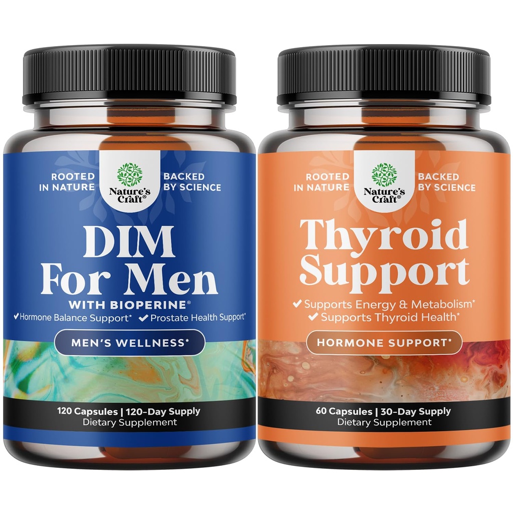 Bundle af DIM supplement til mænd med Panax Ginseng Bioperine Grapeseed & Astragalus for Prostate Sundhed og Herbal Thyroid Support Complex med L Tyrosine, Bladderwrack, Selenium & Pure Ashwagandha