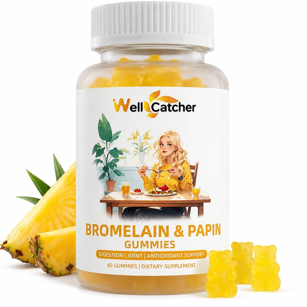 Bromelain Papain Enzyme Gummies Supplement: Bromelain 500MG med Querectin Gummies til voksne børn, Organic Bromelain Papaya Enzymes Chewable for fordøjelsesstøtte Immunitet Antioxidant Vegan 60CT