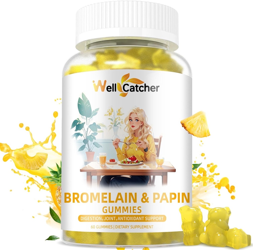 Bromelain Papain Enzyme Gummies Supplement: Bromelain 500MG med Querectin Gummies til voksne børn, Organic Bromelain Papaya Enzymes Chewable for fordøjelsesstøtte Immunitet Antioxidant Vegan 60CT