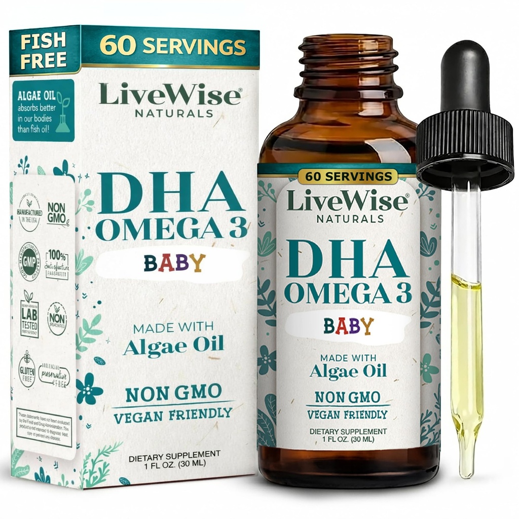 LiveWise Naturals DHA Omega-3 Flydende dråber til spædbørn og småbørn, Vegan- Friendly Omega-3 Essential Supplement, fremmer sund hjerne, øjne, krop forsvar, baby og toddler ernæring