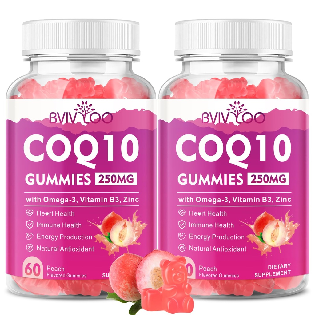 2 Pack CoQ10 Gummies 250 mg, Plus Omega-3, Vitamin B3 & Zink, Magnesium - High Absorption Coenzym Q10 Kosttilskud til hjertesundhed, Cellular Energy, & Antioxidant Support, 120 Tæl