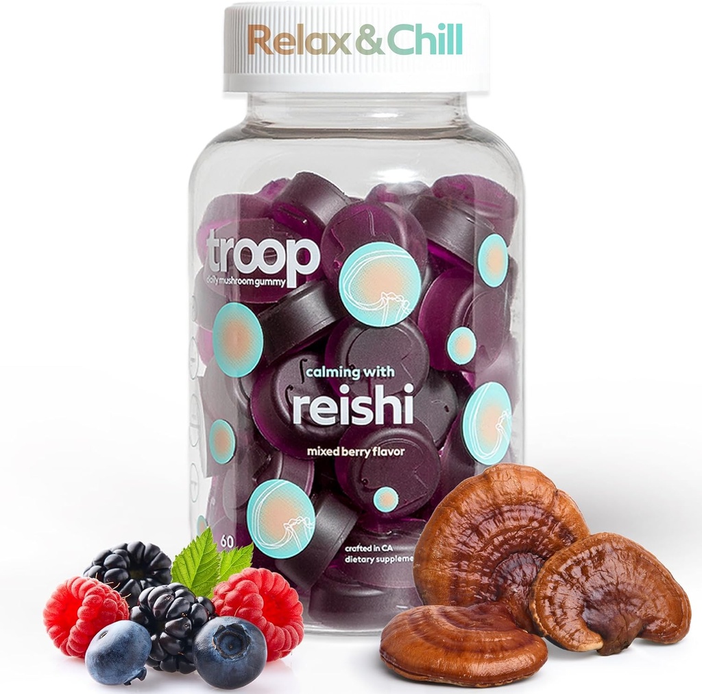 Troop Reishi Mushroom Gummies - Calming Gummies for voksne og børn - Focus Supplement for Stress, Afslapning, immunforsvar - 400mg Triple- Extrahered Fruiting Body - Blandet Berry, 60 Greve